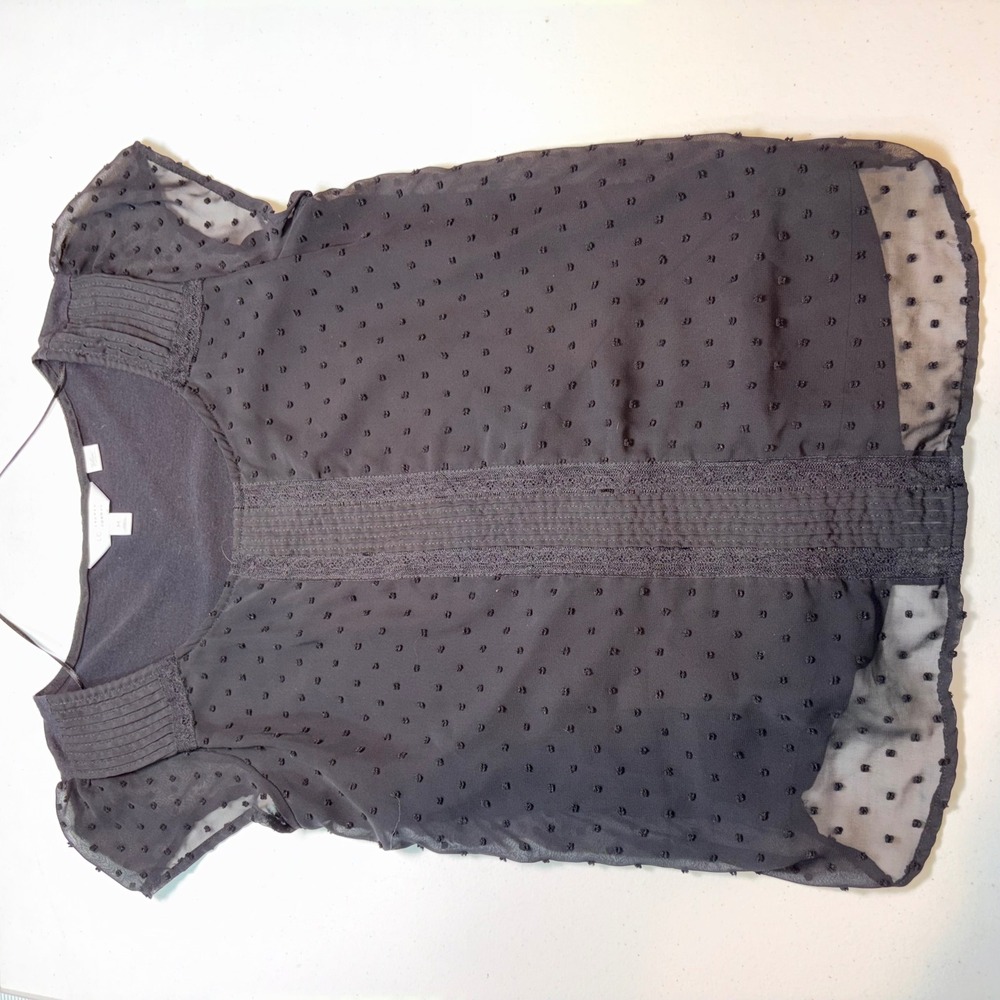LC‎ Lauren Conrad Black Swiss Dot Sheer Short Sleeve Blouse Pleated Top Medium